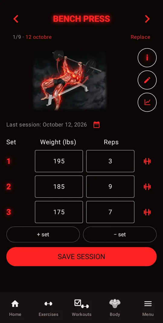 Session in progress: bench press, pre-filled with the last session (195 × 3, 185 × 9, 175 × 7)
