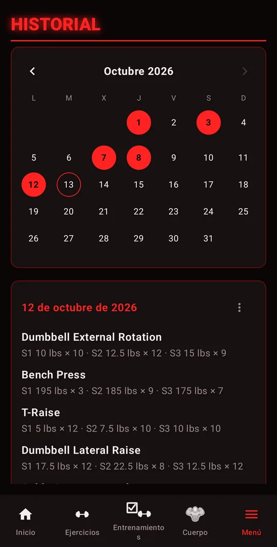 Historial: calendario de octubre de 2026 y las series de una sesión