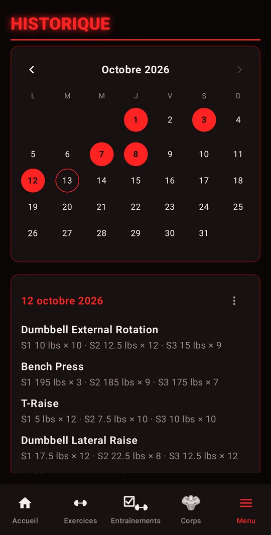 Historique : calendrier d'octobre 2026 et séries d'une séance