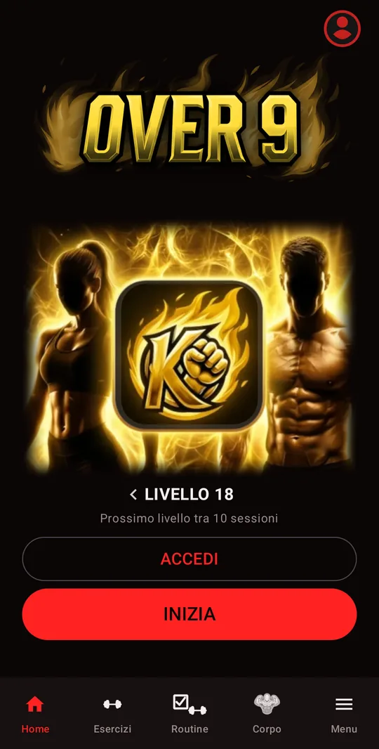 Schermata Home di Over9 al livello 18, con la sua aura dorata