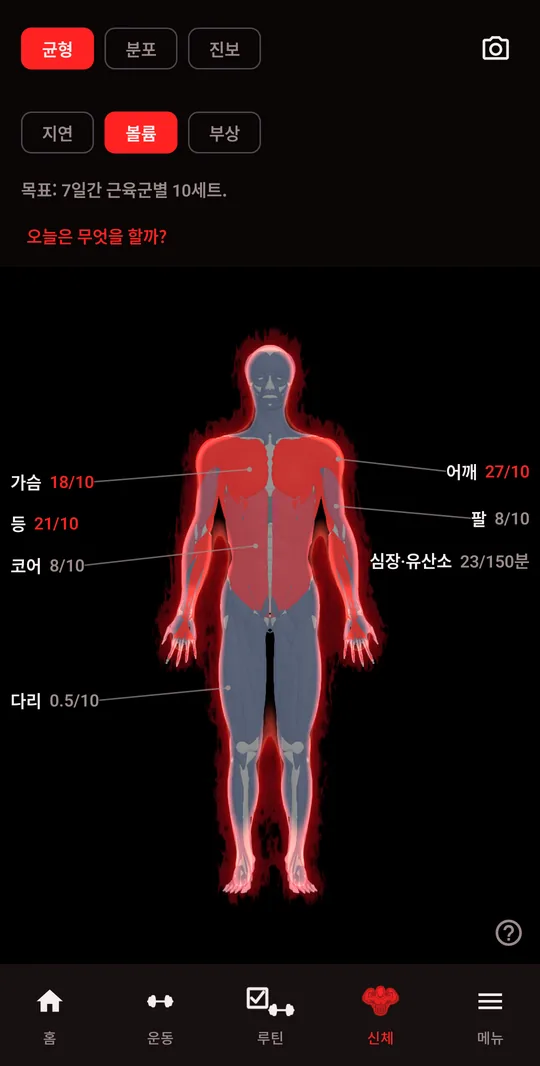3D 신체, 균형 보기: 근육군별 이번 주 세트 수와 10세트 목표