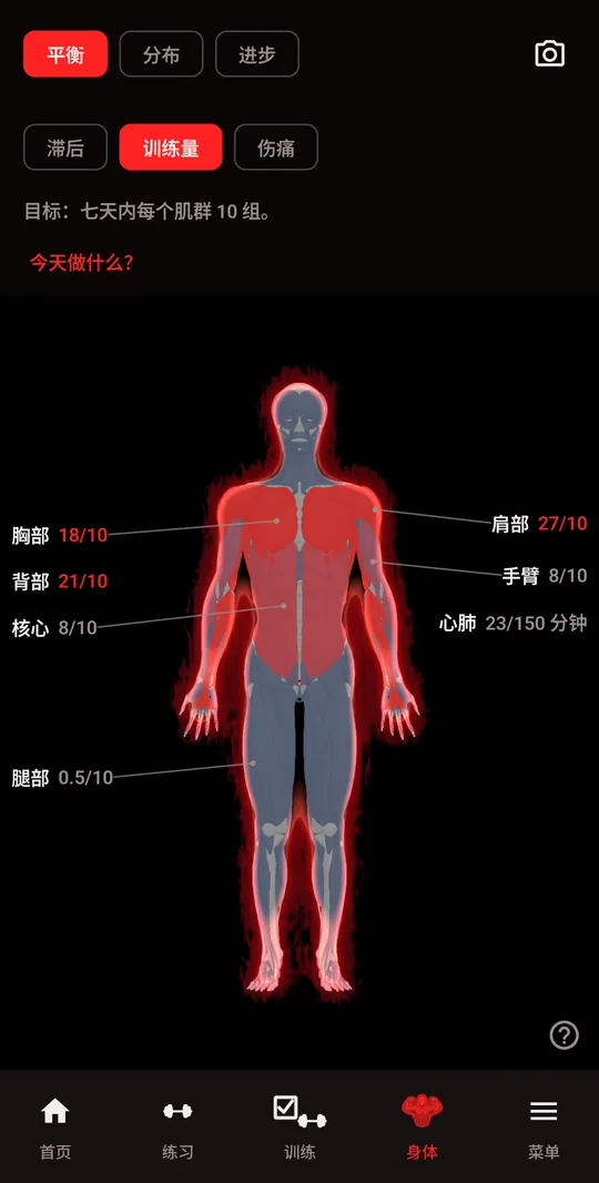 3D 身体，“平衡”视图：本周各肌群的组数，对照十组的目标